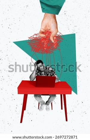 Zine vertical image poster collage of unhappy employee man sit workplace hand hold rope pressure dictator workload exploitation