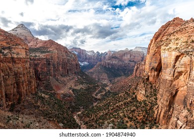 Zion Canyon, Utah, USA At Winter Time. Red Rocks Valley