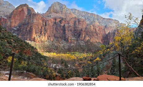 Zion Nation Park Cliff Framed By Valley, Trees, Autumn, Snow, Mountian.