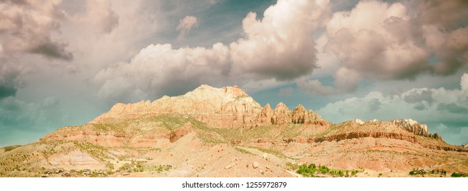 Zion National Park Aerial View At Sunset, Utah.