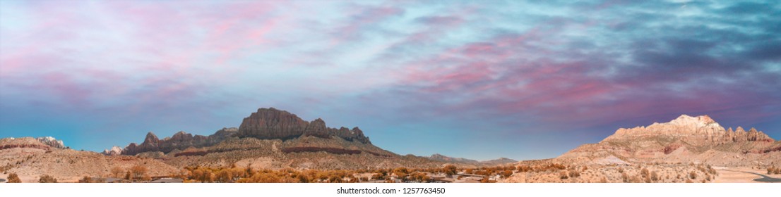 Zion National Park Aerial View At Sunset, Utah.