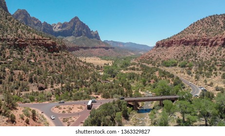 Zion National Park, Aerial View On A Sunny Day.