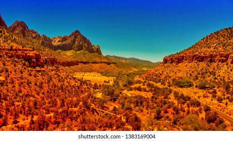 Zion National Park, Aerial View On A Sunny Day.