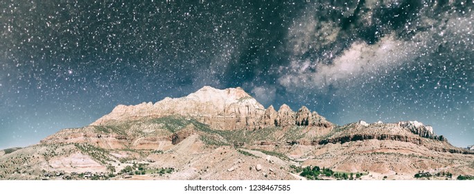 Zion National Park Aerial Viewon A Starry Night, Utah.