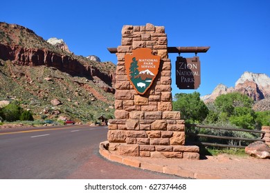 Zion National Park Entrance Sign In Utah, USA