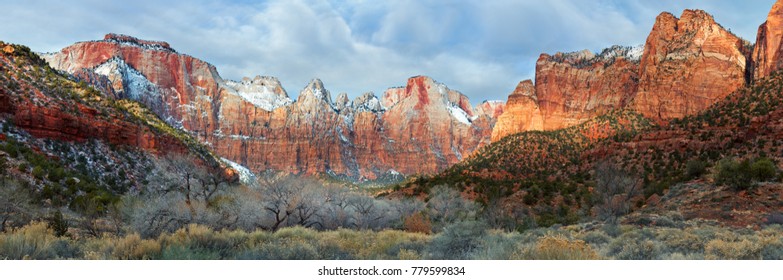 Zion National Park In Snow, Scenic Panorama