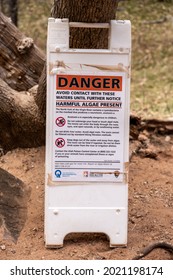 Zion National Park, United States: February 10, 2021: Zion Narrows Warning Sign For Harmful Algae Bloom Tries To Reduce Visitors To The Popular Narrows Hike