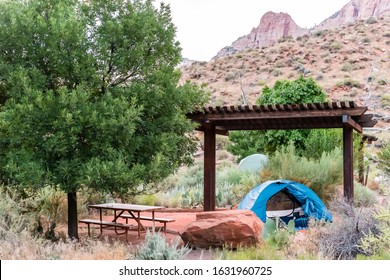 Zion National Park In Utah Morning With Tent On Camp Site At Watchman Campground With Picnic Table And Pergola Cover