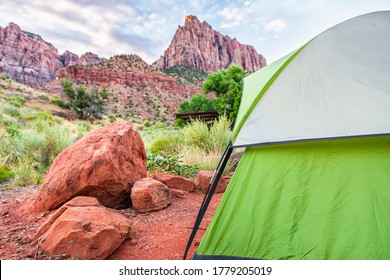 Zion National Park In Utah With Tent Closeup On Camp Site At Watchman Campground By Rocks And View Of Cliffs