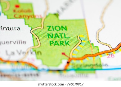 Zion National Park. Utah. USA On A Map