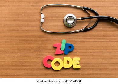 Zip Code Colorful Word With Stethoscope On Wooden Background