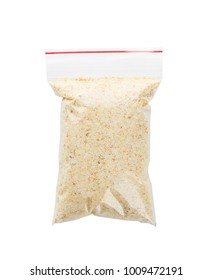 Ziploc Bag With Dried Garlic Powder On White Background