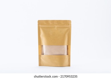 Zipper paper pouch bag on the white background. Kraft stand up. 