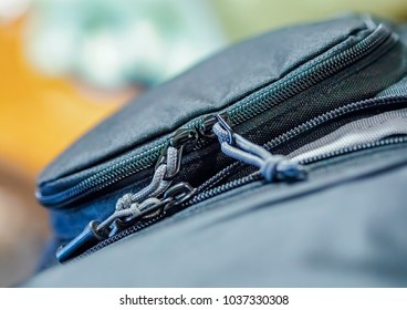 Zipper system on a pouch of a camera bag. A close up view.