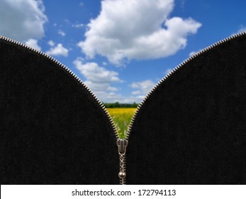 Zipper Unveiling Spring Landscape With Meadow And Blue Sky