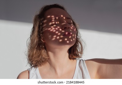 Zits on face concept. Big pores on skin. Confident girl with pimples. Successful treatment of skin problems. Dealing with acne during puberty. Spots of light on face. Positive attitude to zits. - Shutterstock ID 2184188445