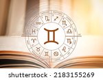 Zodiac circle against the background of an open book with gemini sign. Astrological forecast for the signs of the zodiac. Characteristics of the sign gemini. Astrology, esotericism, secret science
