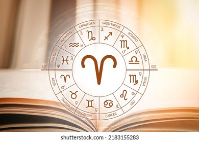 Zodiac circle. Astrological forecast for the signs of the zodiac. Characteristics of the sign Aries. Astrology, esotericism, secret science - Shutterstock ID 2183155283
