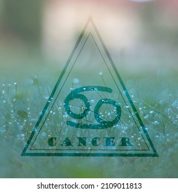 zodiac sign cancer in a triangle, the element of water in the horoscope, the sign of cancer on the background of dew drops on the grass.
