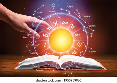 Zodiac sign wheel of fortune and book for foretelling education course.