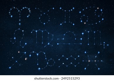 Zodiac signs: Aquarius, Pisces, Gemini, Cancer, Aries, Scorpio, Sagittarius, Leo, Libra, Taurus, Virgo, Capricorn on a starry night sky. Astrology and natal chart, concept - Powered by Shutterstock