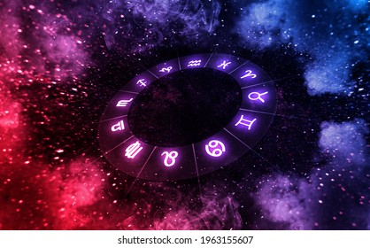 Zodiac signs inside of horoscope circle on universe. Astrology and horoscopes.