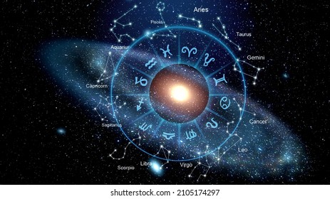 Zodiac signs inside of horoscope circle. Astrology in the sky with many stars horoscopes concept. - Powered by Shutterstock