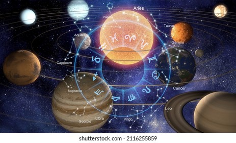 Zodiac signs inside of horoscope circle. Astrology in the sky with many stars horoscopes concept. - Shutterstock ID 2116255859