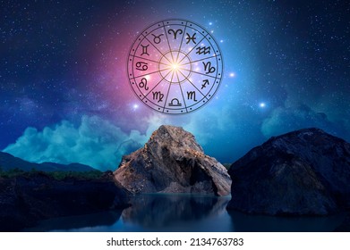 Zodiac signs inside of horoscope circle. Astrology in the sky with many stars and moons  astrology and horoscopes concept - Shutterstock ID 2134763783