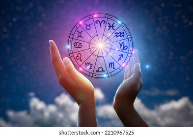 Zodiac signs inside of horoscope circle. Astrology in the sky with many stars and moons  astrology and horoscopes concept - Powered by Shutterstock