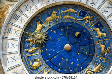 Zodiac signs on Ancient clock Torre dell'Orologio in Piazza San Marco, Venice, Italy, Europe. Detail of astrological vintage clock in old Venice city center close-up. It is nice historical landmark. - Shutterstock ID 678688114