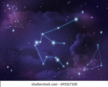 Zodiac Star,Aquarius Constellation, On Night Sky With Cloud And Stars