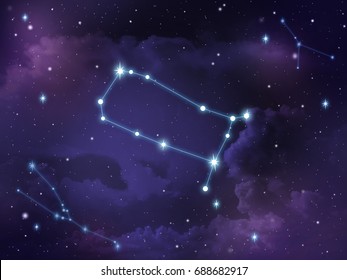 Zodiac Star,Gemini Constellation, On Night Sky With Cloud And Stars