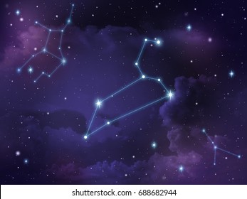 Zodiac Star,Leo Constellation, On Night Sky With Cloud And Stars