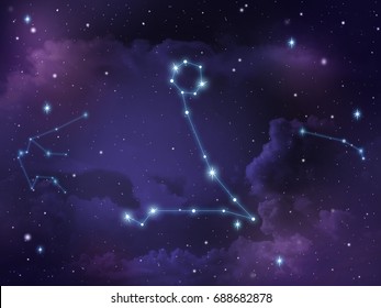 Zodiac Star,Pisces Constellation, On Night Sky With Cloud And Stars