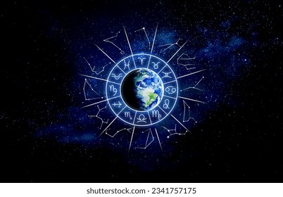 Zodiac wheel with astrological signs and constellations around Earth in open space, illustration