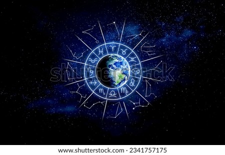 Zodiac wheel with astrological signs and constellations around Earth in open space, illustration