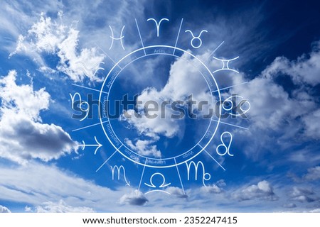 Zodiac wheel and beautiful view on blue sky with clouds