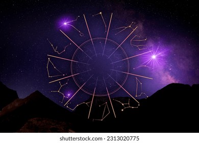 Zodiac wheel on mountain landscape with starry sky as background. Horoscopic astrology - Powered by Shutterstock