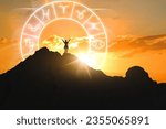 Zodiac wheel and photo of woman in mountains at sunset