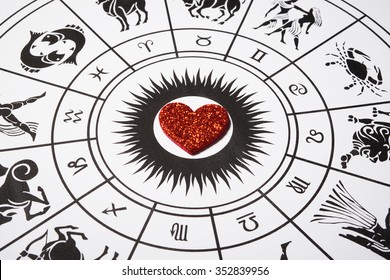 Zodiac wheel with red heart for love divination