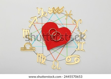 Zodiac wheel with red heart and wedding rings on grey background, flat lay