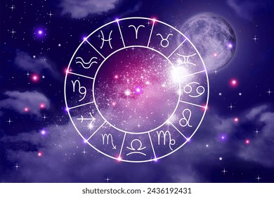 Zodiac wheel showing 12 signs against night sky - Powered by Shutterstock