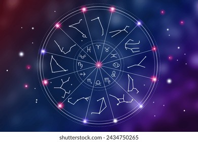 Zodiac wheel with symbols and constellation stick figure patterns against space - Powered by Shutterstock