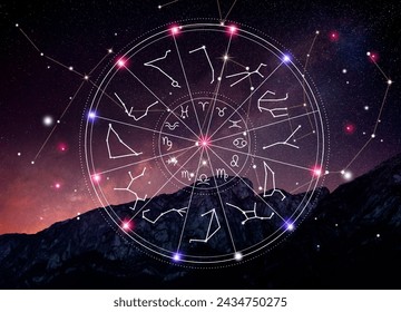 Zodiac wheel with symbols and constellation stick figure patterns against mountain landscape - Powered by Shutterstock