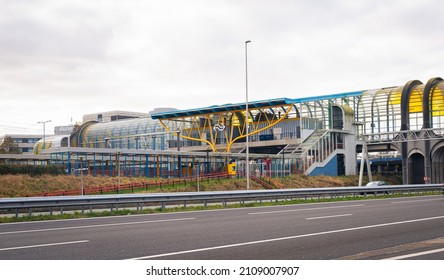Zoetermeer, Netherlands - January 2022: Driemanspolder train station built over the A-12 motorway in Zoetermeer.