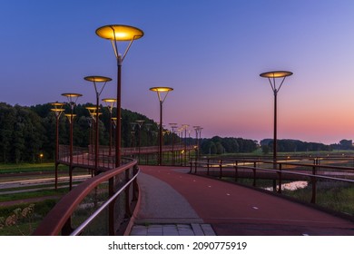 Zoetermeer, Netherlands - September 2 2021: Lanterns like flying saucers at the Jan Waaijer bridge in Zoetermeer