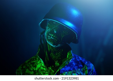 Zombie apocalypse. Portrait of a scary zombie soldier in an ominous green light. Consequences of nuclear war. 