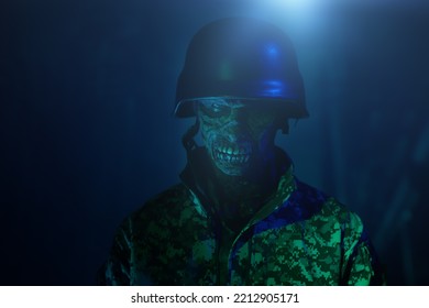 Zombie apocalypse. Portrait of a scary zombie soldier in an ominous dark light. Consequences of nuclear war. 