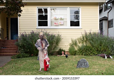 Zombie In The Front Yard Of A Yellow House